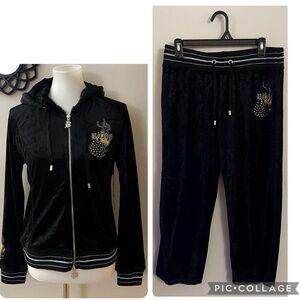 BCBG Black Velour Crop Pant Set with Rhinestone Accents Casual Fall Y2K